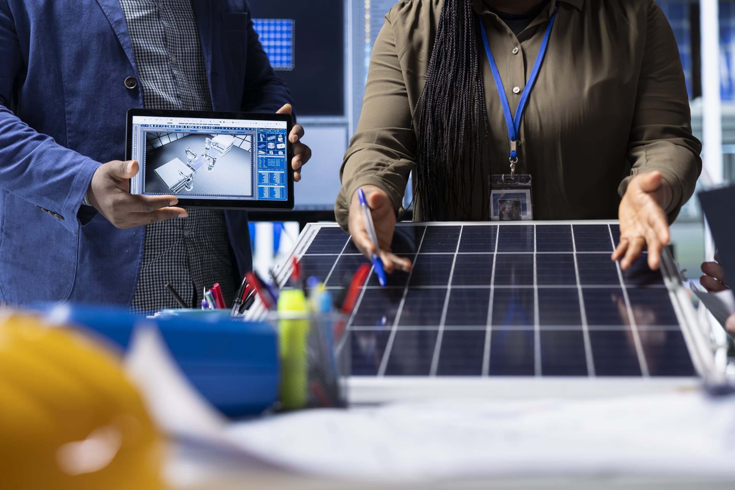 Photovoltaics factory investors evaluating solar panel structure design, addressing technical considerations and innovations for advancing clean energy technology, close up shot